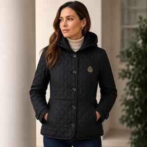 Lauren Ralph Lauren Black Label SZ L Crest-Patch Quilted Hooded Jacket Black